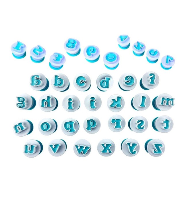 Set decupatoare Alfabet si cifre cu ejector,majuscule minuscule, 36 de piese, pentru cofetarie si patiserie, Alb, 288COF