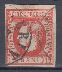 ROMANIA 1869 LP 27 CAROL I CU FAVORITI 15 BANI ROSU STAMPILAT