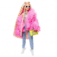Papusa Barbie Extra Style Fluffy Pinky Mattel, plastic, 15 piese, 3 ani+