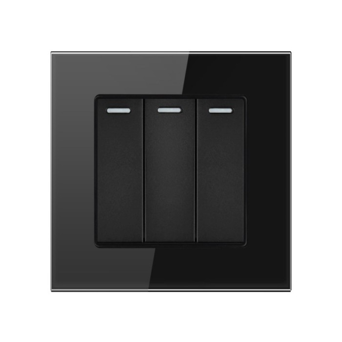Intrerupator Triplu Cap Scara Cu Panou Din Sticla Securizata Techstar&reg; TGS 01, 220V, 16A, 86 X 86 Mm, Negru, cu 3 Faze