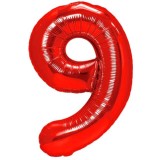 Balon din folie metalizata flippy, figurina cifra, tema aniversare 100 cm, ambalaj individual, pai inclus, umflare cu aer sau heliu, rosu, cifra 9