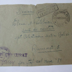 Rar! Plic cenzurat cu stampile exped.Regim.3 Calarasi si Of.Postal Militar 1944