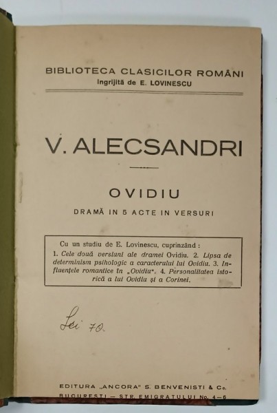 OVIDIU de VASILE ALECSANDRI , DRAMA IN 5 ACTE IN VERSURI , EDITIE INTERBELICA