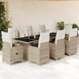 Set bistro de grădină, 9 piese, cu perne, bej, poliratan