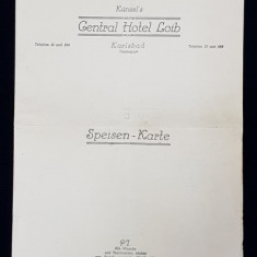 CENTRAL HOTEL LOIB - KARLSBAD , MENIU , SEPTEMBRIE , 1930