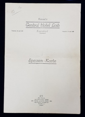 CENTRAL HOTEL LOIB - KARLSBAD , MENIU , SEPTEMBRIE , 1930 foto