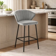 Scaun de bucatarie/bar, Artool, Gatta, catifea argintie, picioare metal negru, 43.5x36.5x90.5 cm