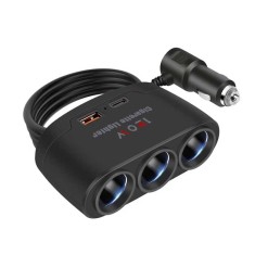 Multiplicator bricheta auto, 3 iesiri, 1 x USB, 1 x USB-C, 120 W, 12 - 24V, negru