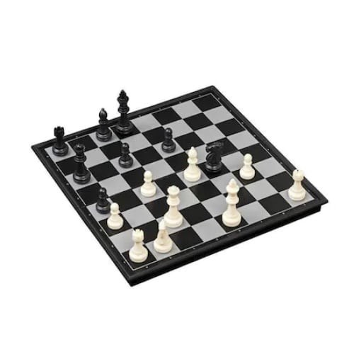 Joc FOXMAG24, 3 in 1, sah, table si dame, dimensiune 30cm, magnetic, alb/negru