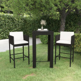 Cumpara ieftin Set mobilier bar de grădină cu perne, 3 piese, negru, poliratan
