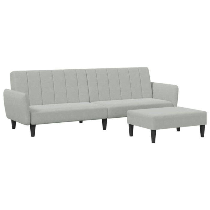 Canapea extensibila cu taburet, 2 locuri, gri deschis, catifea