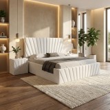 Pat Tapitat Leon Alb Catifea Premium Cu Noptiere Tapitate Expediere rapidă