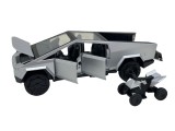 Macheta metal Tesla Cybertruck argintie cu atv metal 1:32 cu sunet, lumini, deschide usile