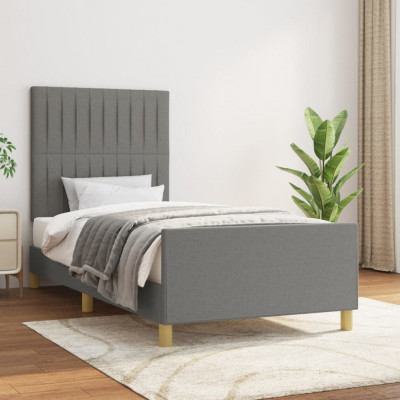 vidaXL Cadru de pat cu tăblie, gri &amp;icirc;nchis, 90x190 cm, textil foto