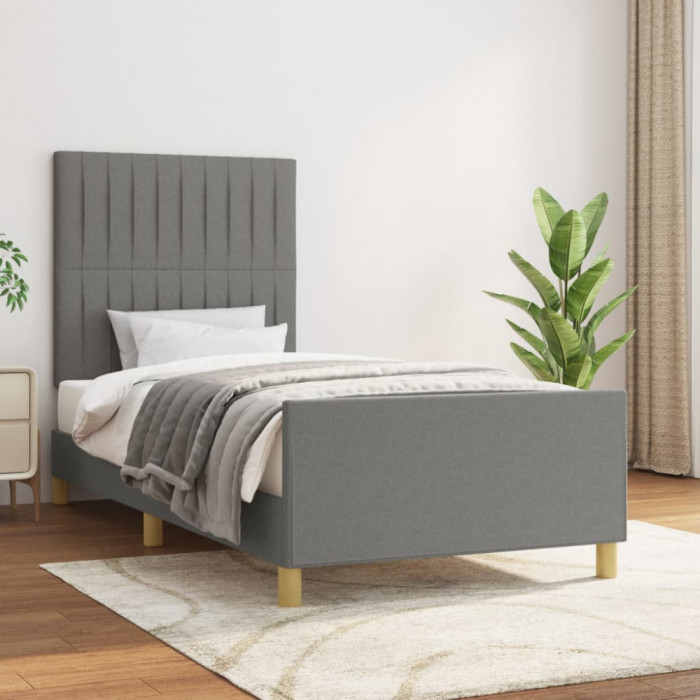 vidaXL Cadru de pat cu tăblie, gri &icirc;nchis, 90x190 cm, textil