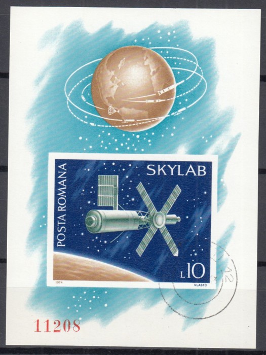 ROMANIA 1974 LP 868 SKYLAB COLITA NEDANTELATA STAMPILATA