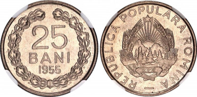 Romania 1955 - 25 bani UNC, gradata MS66 NGC foto