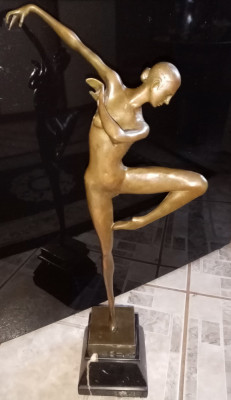 Sculptura, balerina &amp;icirc;n stil Art-Deco din bronz masiv pe soclu din marmura foto