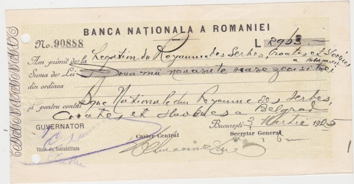 Banca Nationala a Romaniei chitanta depunere Bucuresti 1925