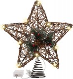 Stea pentru bradul de Craciun Valery Madelyn, LED, lemn, maro/verde/rosu, 28,2 x 26,5 cm