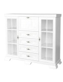 Comoda living cu vitrina VM7, o usa rabatabila pentru bar, 2 usi fixe, 3 sertare, Pal melaminat, cu insertii MDF, Alb Antichizat