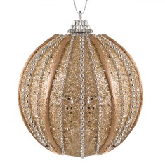 Ornament Brad Crăciun, Glob, Spumă, Bej, șiret, Glitter, Lanț Argintiu, 8cm
