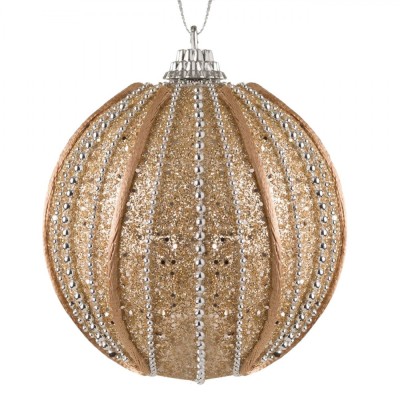 Ornament Brad Crăciun, Glob, Spumă, Bej, șiret, Glitter, Lanț Argintiu, 8cm foto