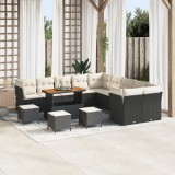 Set de canapea pentru gradina de 14 piese cu perne crem din poliratan negru si acacia, set de dining pentru gradina de 4 piese cu perne crem din polir