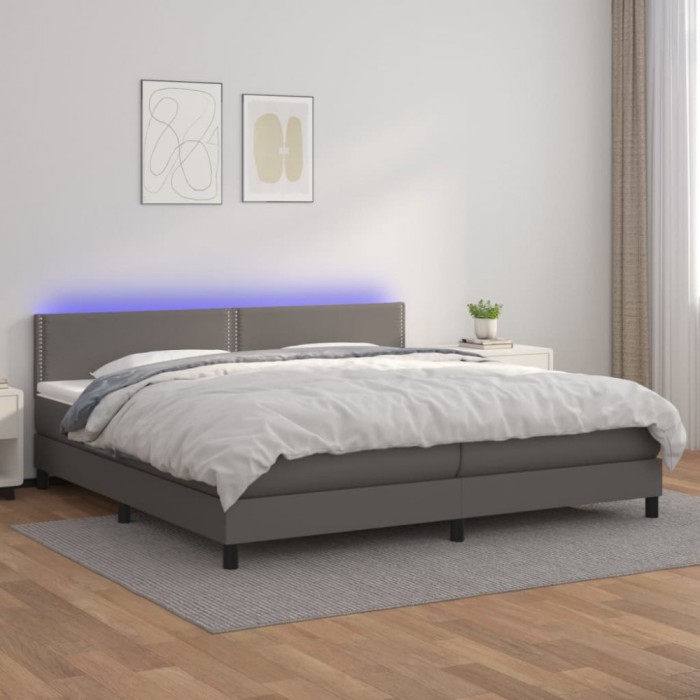 vidaXL Pat cu arcuri, saltea și LED, gri, 200x200 cm, piele ecologică 3134187