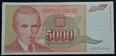 Bancnota 5000 DINARI / DINARA - YUGOSLAVIA, anul 1993 * cod 257 foto