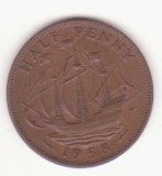 Marea Britanie &frac12; half penny 1958- Elizabeth II 1st portrait; without &#039;BRITT:OMN&#039;, Europa, Bronz