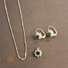 Set lantisor + pandantiv + cercei placati cu aur cu cristal verde