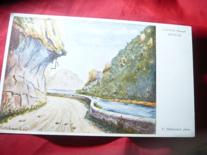 Ilustrata -Defileu Dunare la Cazane ( Banat) ,pictura F.Hillebrand , color ,1935