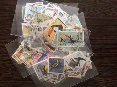 PLIC FILATELIC CU 50 TIMBRE STRAINE DIFERITE STAMPILATE, CU TEMATICA PASARI + BONUS