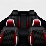 Cumpara ieftin Set Huse Auto universale luxoase din piele ecologica cu material textil, negru cu accent rosu si alb pentru scaune fata si spate