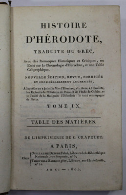 HISTOIRE D &amp;#039; HERODOTE , TRADUITE DU GREC , TOME IX , TABLE DES MATIERES , 1802 foto