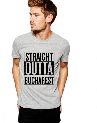 Tricou barbati gri cu text negru - Straight Outta Bucuresti - M foto