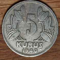 Turcia - moneda de colectie raruta - 5 kurus 1940 - an mai rar, stare buna !