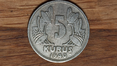 Turcia - moneda de colectie raruta - 5 kurus 1940 - an mai rar, stare buna ! foto