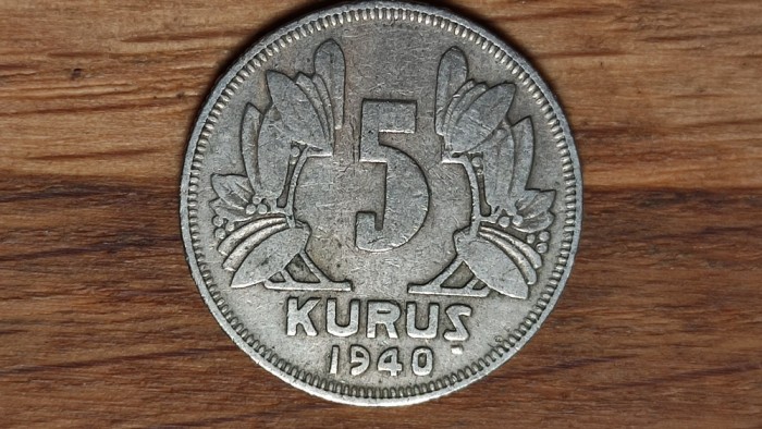 Turcia - moneda de colectie raruta - 5 kurus 1940 - an mai rar, stare buna !