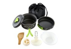 Set vase pentru camping, 9 elemente, aluminiu/plastic, negru
