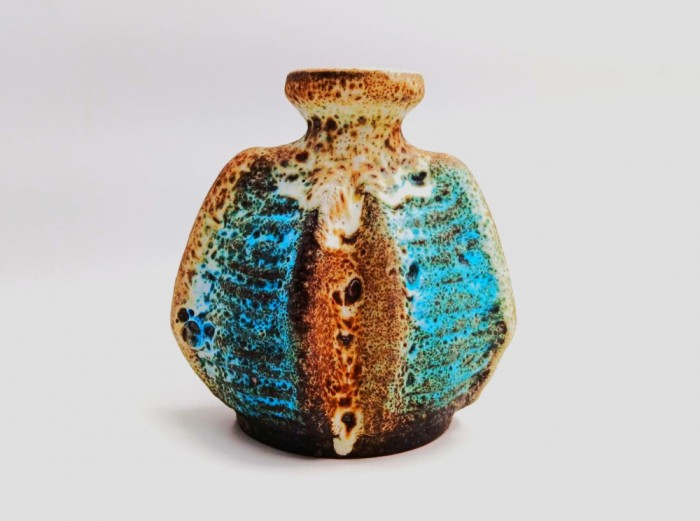 vaza din ceramica glazurata CARSTENS T&Ouml;NNIESHOF Design de Heinz Siery model 0716 - 15 fat lava MCM anii &#039;60 albastru alb maro