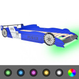 Pat copii mașină de curse, cu LED, 90 x 200 cm, albastru, Multicolor, vidaXL