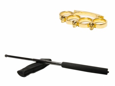Set baston telescopic negru 64 cm + box craniu auriu foto