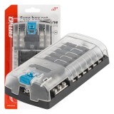 Cutie sigurante auto cu bara negativa si conectori cu surub, 12 locasuri pentru sigurante, capac transparent, pentru vehicule, barci si instalatii