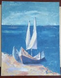 SV * Pictor VASILE HUTOPILA * BARCI LA MAL * ulei pe carton 25 x 31.5 cm, Marine, Altul