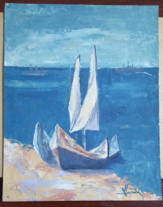 SV * Pictor VASILE HUTOPILA * BARCI LA MAL * ulei pe carton 25 x 31.5 cm