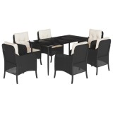 Set mobilier de gradina cu perne, 7 piese, negru, poliratan