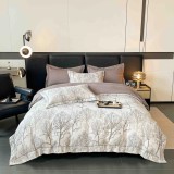 Cumpara ieftin Lenjerie de lux pentru pat dublu,bumbac finet,6 piese,cearceaf cu elastic,alba bej,imprimeu cu pomi-A1001, Jojo Home
