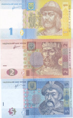 Bancnota Ucraina 1, 2 si 5 Hryvnia 2011/13 - P116-118 UNC ( set 3 bancnote ) foto